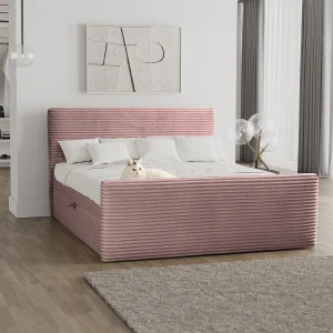 Boxspringbed met bedstee en topper TRENTO stof pluche corduroy 200×200 cm roze H3-Bonell