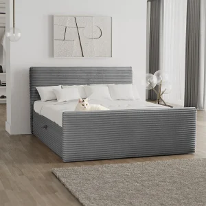 Boxspringbed met bedstee en topper TRENTO stof pluche corduroy 140×200 cm grijs H3-Bonell