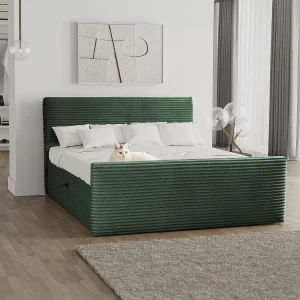 Boxspringbed met bedstee en topper TRENTO stof pluche corduroy 200×200 cm groen H3-Bonell