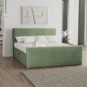 Boxspringbed met bedstee en topper TRENTO stof pluche corduroy 140×200 cm Olijf H3-Bonell