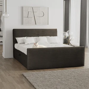 Boxspringbed met bedstee en topper TRENTO stof pluche corduroy 200×200 cm bruin H3-Bonell