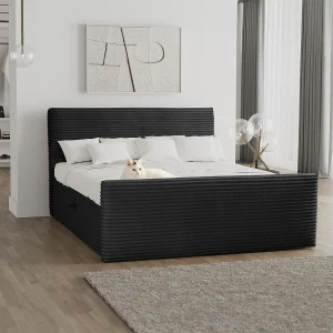 Boxspringbed met bedstee en topper TRENTO stof pluche corduroy 160×200 cm zwart H3-Bonell Boxspringbed met bedstee en topper TRENTO stof pluche corduroy 160×200 cm zwart H3-Bonell