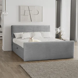 Boxspringbed met bedstee en topper TRENTO stof pluche corduroy 160×200 cm lichtgrijs H3-Bonell Boxspringbed met bedstee en topper TRENTO stof pluche corduroy 160×200 cm lichtgrijs H3-Bonell