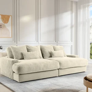 Vierzitsbank met diepe zitting van beige ribfluweel met brede ribbels CALAZO Vierzitsbank met diepe zitting van beige ribfluweel met brede ribbels CALAZO