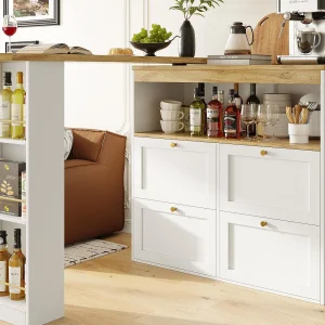 Buffet, Draaibaar en inklapbaar barkastmeubel – 4 lades en 4 vakken – Wit Buffet, Draaibaar en inklapbaar barkastmeubel – 4 lades en 4 vakken – Wit