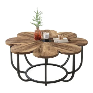 Bruine en zwarte salontafel, 100 cm moderne bijzettafel met bloemvormig houten blad en metalen frame voor woonkamer en slaapkamer Bruine en zwarte salontafel, 100 cm moderne bijzettafel met bloemvormig houten blad en metalen frame voor woonkamer en slaapkamer