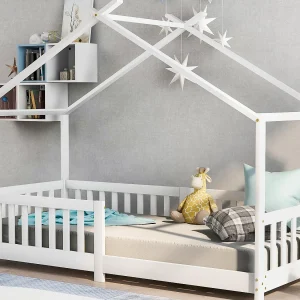 Cabinebed kinderbed 90x200cm in massief hout met valbeveiliging en lattenbodem – Wit