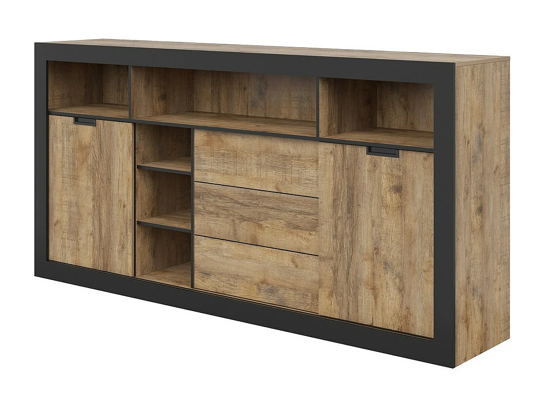 Buffetkast XL MEUNIER – 2 schuifdeuren, 3 lades & 6 vakken – Samdal Eiken & matzwart