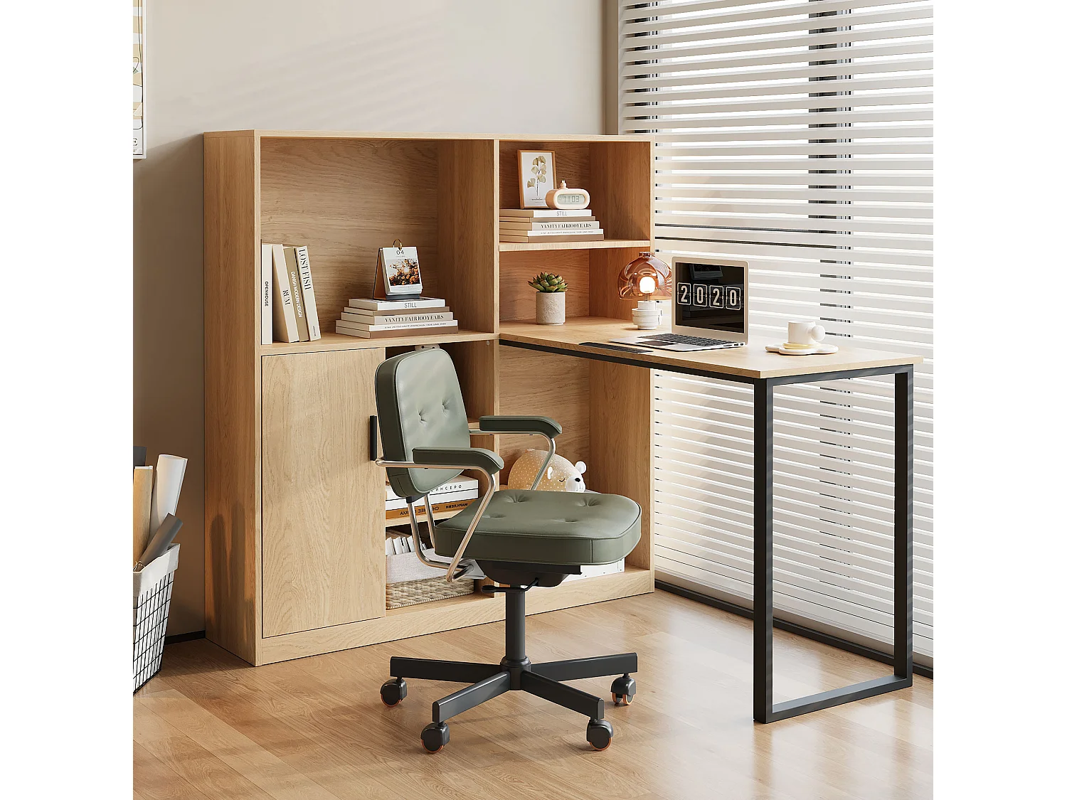 Bureau met 1 deur en 6 nissen, MDF frame in licht natuurlijk houtnerf fineer en zwart metaal - 120x50x120cm