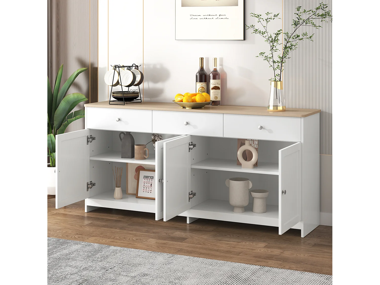 Buffetkast met witte houtnerf, keukenkast met werkblad, 160 x 37 x 75 cm, wit