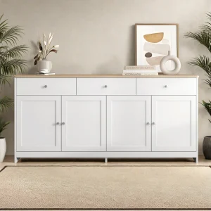Buffet Dressoir 4 Deuren 3 Lades Wit en Hout 160x37x75 cm – Opbergruimte Woonkamer Keuken Rustieke Moderne Stijl Buffet Dressoir 4 Deuren 3 Lades Wit en Hout 160x37x75 cm – Opbergruimte Woonkamer Keuken Rustieke Moderne Stijl