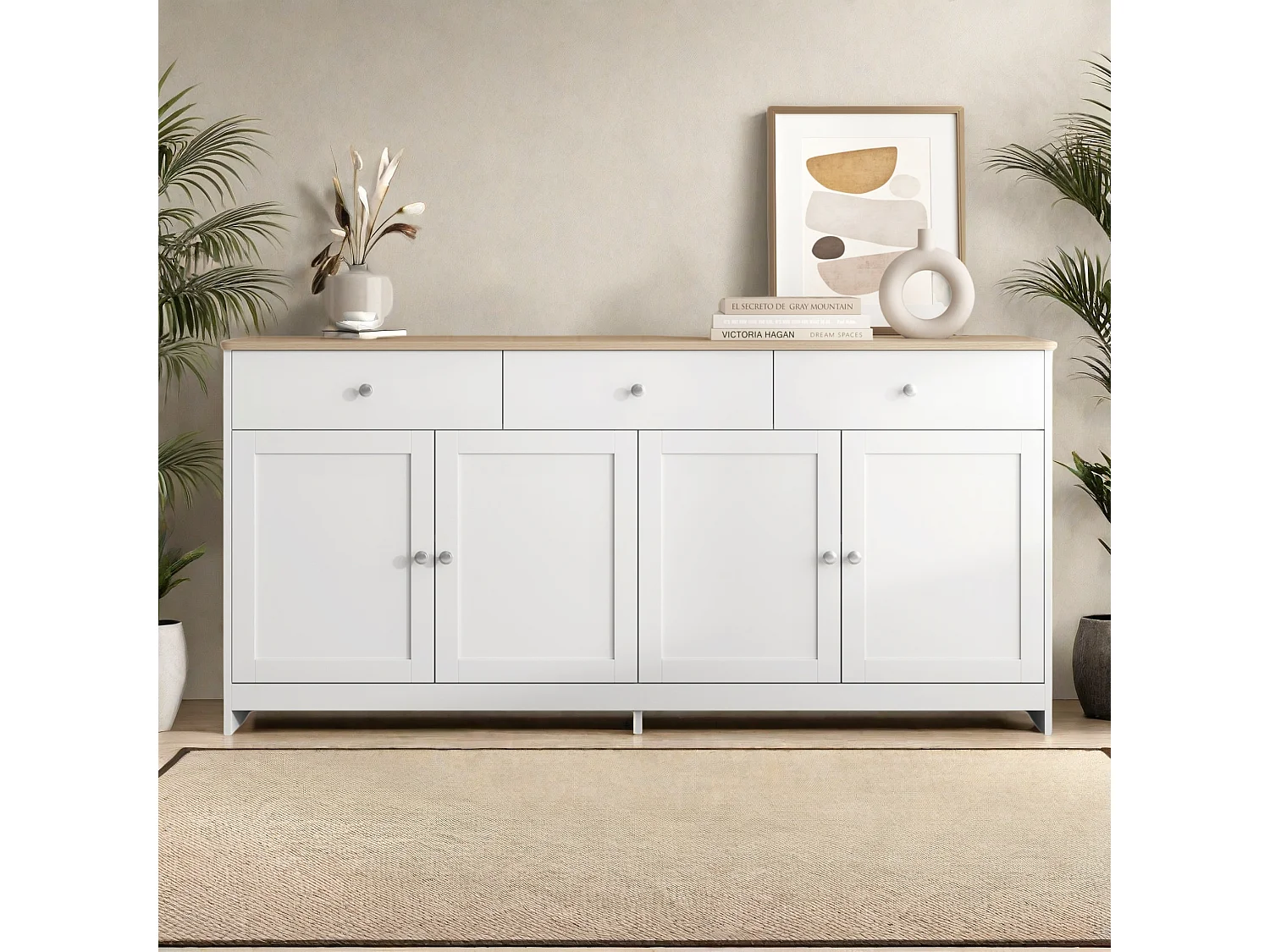 Buffet Dressoir 4 Deuren 3 Lades Wit en Hout 160x37x75 cm - Opbergruimte Woonkamer Keuken Rustieke Moderne Stijl