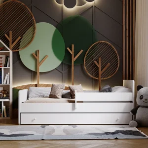 Cama Infantil com Colchão de Solteiro Completa Gaveta Meninos KOBI Branco (160×80 cm)