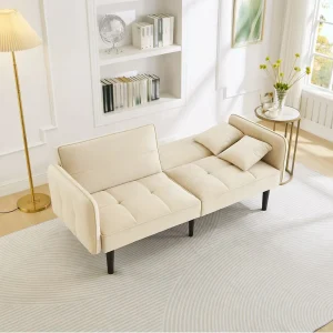 Canapé relaxation beige – Canapé avec accoudoirs rabattables et 2 coussins – six pieds en bois massif – pour salon et chambre Canapé relaxation beige – Canapé avec accoudoirs rabattables et 2 coussins – six pieds en bois massif – pour salon et chambre