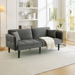 Canapé relaxation gris – Canapé avec accoudoirs rabattables et 2 coussins – six pieds en bois – pour salons et chambres Canapé relaxation gris – Canapé avec accoudoirs rabattables et 2 coussins – six pieds en bois – pour salons et chambres