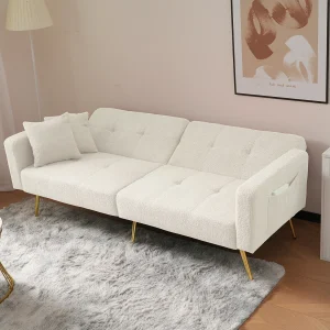 Canapé relaxation blanc – Canapé avec coussins et poches de rangement – pieds dorés – pour salon et chambre Canapé relaxation blanc – Canapé avec coussins et poches de rangement – pieds dorés – pour salon et chambre
