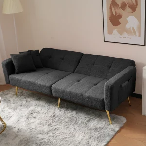 Canapé relaxation gris – Canapé avec coussins et poches de rangement – pieds dorés – pour salon et chambre Canapé relaxation gris – Canapé avec coussins et poches de rangement – pieds dorés – pour salon et chambre