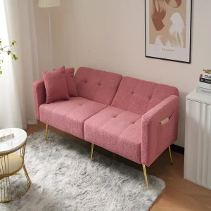 Canapé relaxation rose – Canapé avec coussins et poches de rangement – pieds dorés – pour salon et chambre Canapé relaxation rose – Canapé avec coussins et poches de rangement – pieds dorés – pour salon et chambre