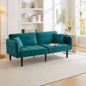 Canapé relaxation vert – Canapé avec accoudoirs rabattables et 2 coussins – six pieds en bois massif – pour salons et chambres Canapé relaxation vert – Canapé avec accoudoirs rabattables et 2 coussins – six pieds en bois massif – pour salons et chambres