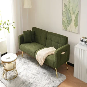 Canapé relaxation vert – Canapé avec coussins et poches de rangement – pieds dorés – pour salon et chambre Canapé relaxation vert – Canapé avec coussins et poches de rangement – pieds dorés – pour salon et chambre
