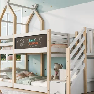 Cabine stapelbed 90x200cm met opbergtrap en een schoolbord – lattenbodems – Wit Cabine stapelbed 90x200cm met opbergtrap en een schoolbord – lattenbodems – Wit