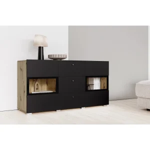 Buffet met 2 deuren en 3 lades uit de RAMOS-collectie. Geïntegreerde LED-verlichting. Kleuren eiken en zwart super mat. Buffet met 2 deuren en 3 lades uit de RAMOS-collectie. Geïntegreerde LED-verlichting. Kleuren eiken en zwart super mat.