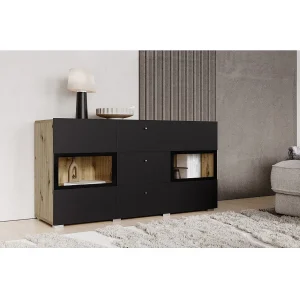 Buffet met 2 deuren en 3 laden, collectie RAMOS. Kleur: eiken en supermat zwart. Buffet met 2 deuren en 3 laden, collectie RAMOS. Kleur: eiken en supermat zwart.