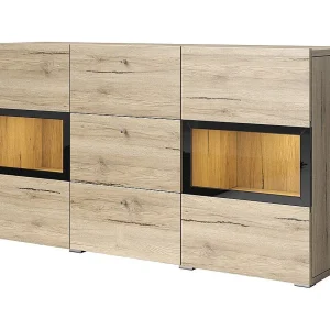Buffet RAMOS – Eiken en zwart – Geïntegreerde multikleur LED's – 2 glazen deuren + 3 laden – Hedendaagse stijl Buffet RAMOS – Eiken en zwart – Geïntegreerde multikleur LED's – 2 glazen deuren + 3 laden – Hedendaagse stijl