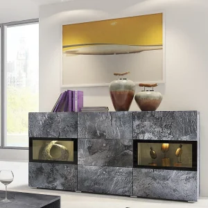 Buffet 2 deuren en 3 laden collectie RAMOS. Ingebouwde LED-verlichting. Kleur grijs leisteen effect en zwart. Buffet 2 deuren en 3 laden collectie RAMOS. Ingebouwde LED-verlichting. Kleur grijs leisteen effect en zwart.