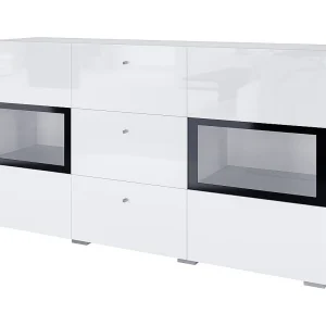 Buffet RAMOS – 2 glazen deuren + 3 laden – Kleur glanzend wit en zwart – LED niet inbegrepen Buffet RAMOS – 2 glazen deuren + 3 laden – Kleur glanzend wit en zwart – LED niet inbegrepen