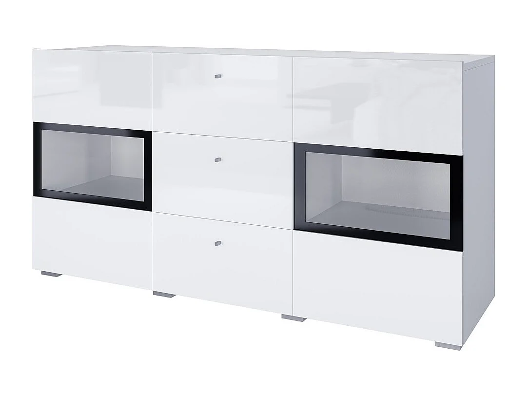Buffet RAMOS – 2 glazen deuren + 3 laden – Kleur glanzend wit en zwart – LED niet inbegrepen