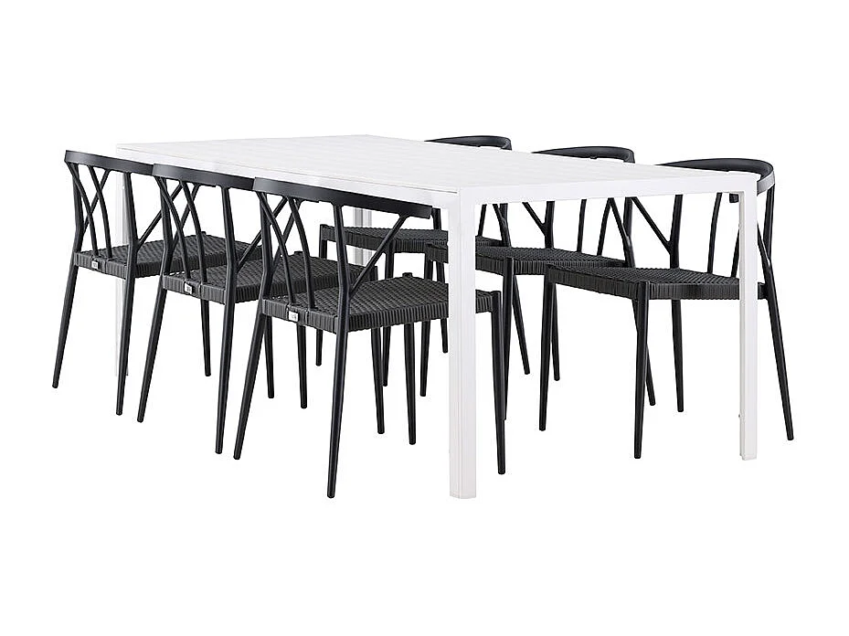Break tuinmeubelset tafel 90x205cm wit, 6 stoelen zwart.