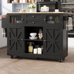 Centraal eiland op wielen – 140 x 40 x 93,5 cm – met werkblad + 2 deuren + 2 laden – MDF – zwart Centraal eiland op wielen – 140 x 40 x 93,5 cm – met werkblad + 2 deuren + 2 laden – MDF – zwart