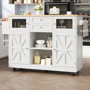 Centraal eiland op wielen – 140 x 40 x 93,5 cm – met werkblad + 2 deuren + 2 laden – MDF – wit Centraal eiland op wielen – 140 x 40 x 93,5 cm – met werkblad + 2 deuren + 2 laden – MDF – wit