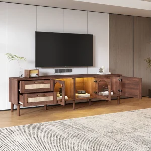Bruine houten tv-kast met 2 rotan lades, 2 gebogen glazen deuren, 1 rotan deur, LED-verlichting, modern design (180x40x50cm) Bruine houten tv-kast met 2 rotan lades, 2 gebogen glazen deuren, 1 rotan deur, LED-verlichting, modern design (180x40x50cm)