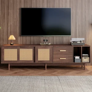 Bruine houten tv-kast met rotandeuren en lades, tv-standaard voor schermen tot 75 inch, uitvoering met 6 steunpoten, 190x37x52cm Bruine houten tv-kast met rotandeuren en lades, tv-standaard voor schermen tot 75 inch, uitvoering met 6 steunpoten, 190x37x52cm