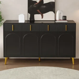 Buffetkast met 4 lades en 4 deuren, dressoirkast, met gouden handgrepen en poten, zwart Buffetkast met 4 lades en 4 deuren, dressoirkast, met gouden handgrepen en poten, zwart