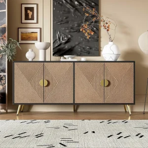 Buffetkast met reliëfstructuur, 160 cm, kast met vier deuren en geborstelde gouden handgrepen, zwart Buffetkast met reliëfstructuur, 160 cm, kast met vier deuren en geborstelde gouden handgrepen, zwart