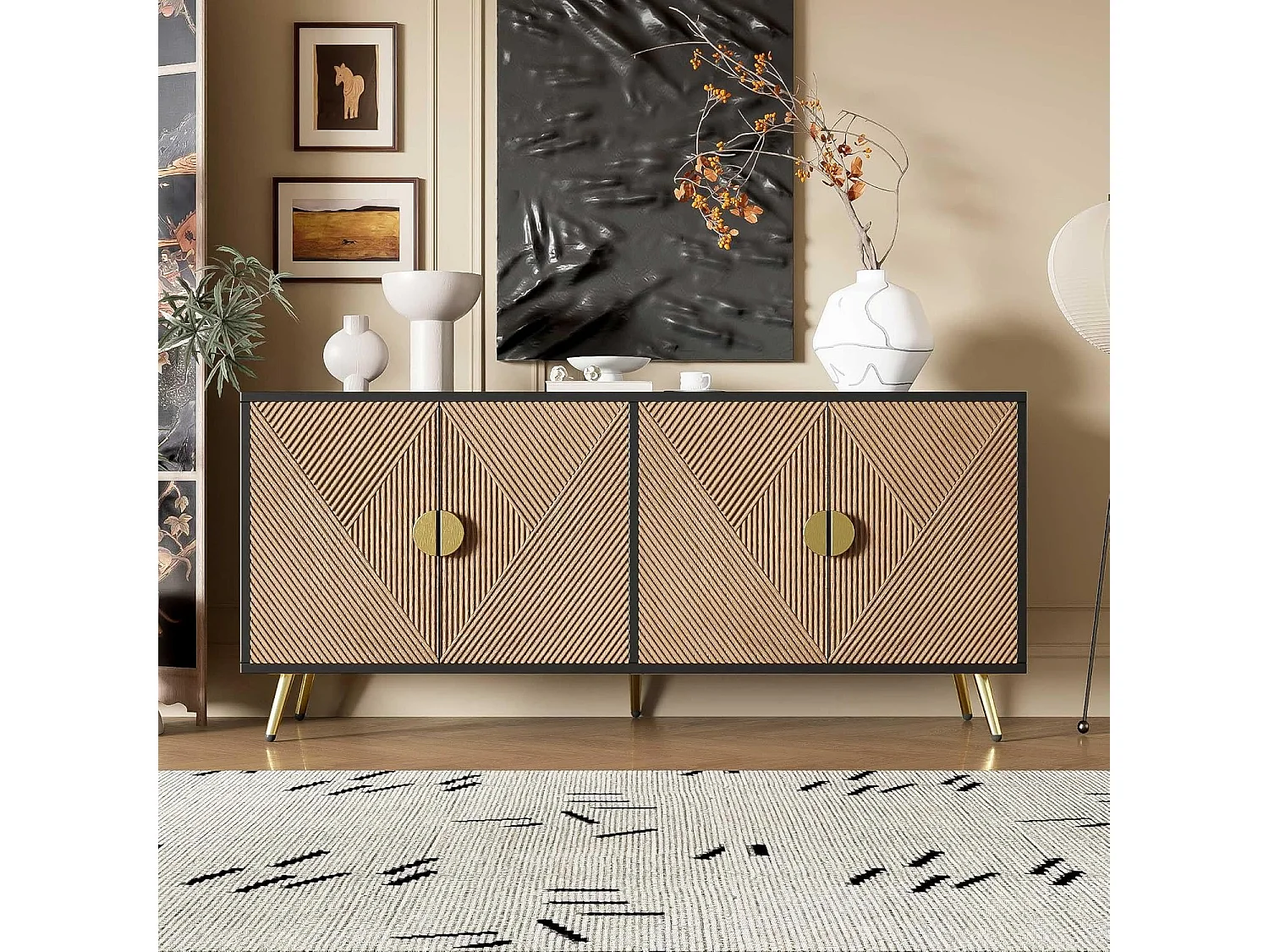 Buffetkast met reliëfstructuur, 160 cm, kast met vier deuren en geborstelde gouden handgrepen, zwart
