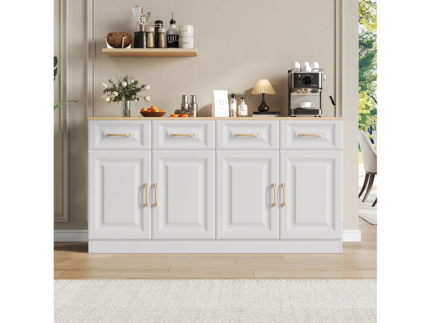 Buffetkast met 4 laden en 4 deuren, opbergruimte, modern design, MDF-hout, wit en eiken (140x40x75 cm)
