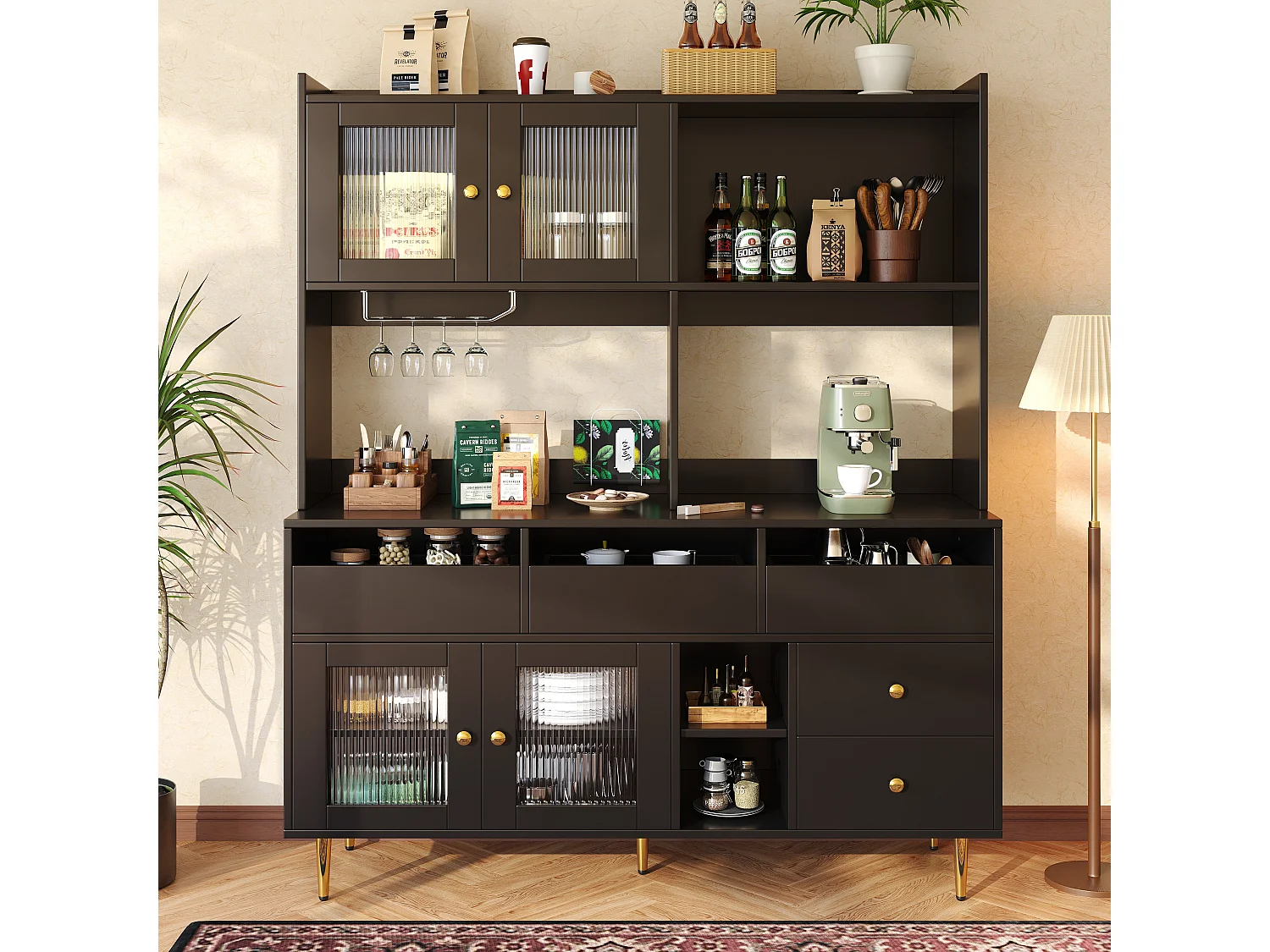 Changhong Modern Design Glazen Deur Opbergkast MDF Wit & Goud met Wijnrek en Meerdere Opbergniveaus (145x39x171 cm)