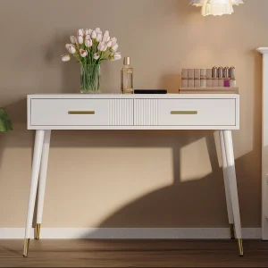 Bureau, kaptafel met 2 lades, metalen poten, MDF, wit (100x40x76 cm) Bureau, kaptafel met 2 lades, metalen poten, MDF, wit (100x40x76 cm)