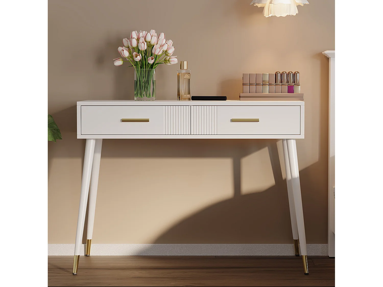 Bureau, kaptafel met 2 lades, metalen poten, MDF, wit (100x40x76 cm)