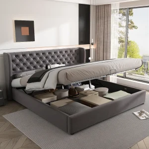 Chesterfield design fluwelen vleugelbed, 180×200 cm, hydraulisch met opbergruimte, grijs (207x186x99 cm)
