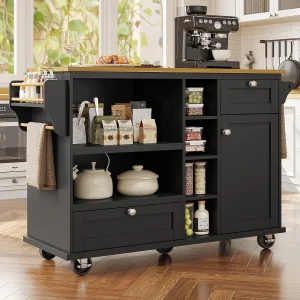 Centraal eiland op wielen – 129 x 46 x 92 cm – met 1 deur + 2 laden – MDF – zwart Centraal eiland op wielen – 129 x 46 x 92 cm – met 1 deur + 2 laden – MDF – zwart