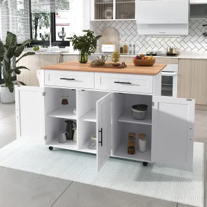 Centraal eiland op wielen – 129 x 46/71 x 91,5 cm – opklapbaar bovenblad – met 3 deuren + 2 laden – MDF – wit Centraal eiland op wielen – 129 x 46/71 x 91,5 cm – opklapbaar bovenblad – met 3 deuren + 2 laden – MDF – wit