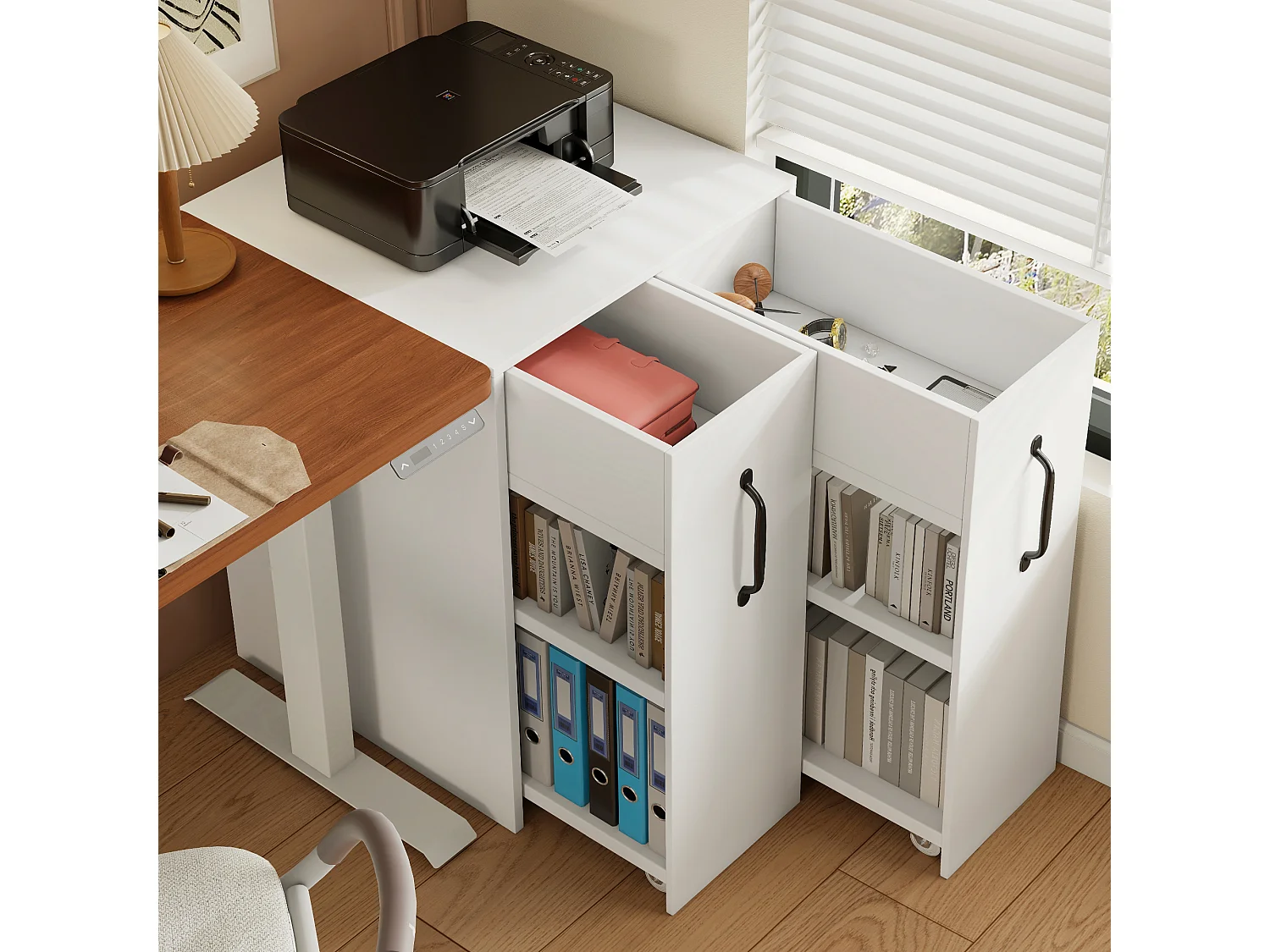 Bureauzuil op wielen - 52 x 50 x 75 cm - met laden - verwisselbaar Links-rechts - Spaanplaat - Wit
