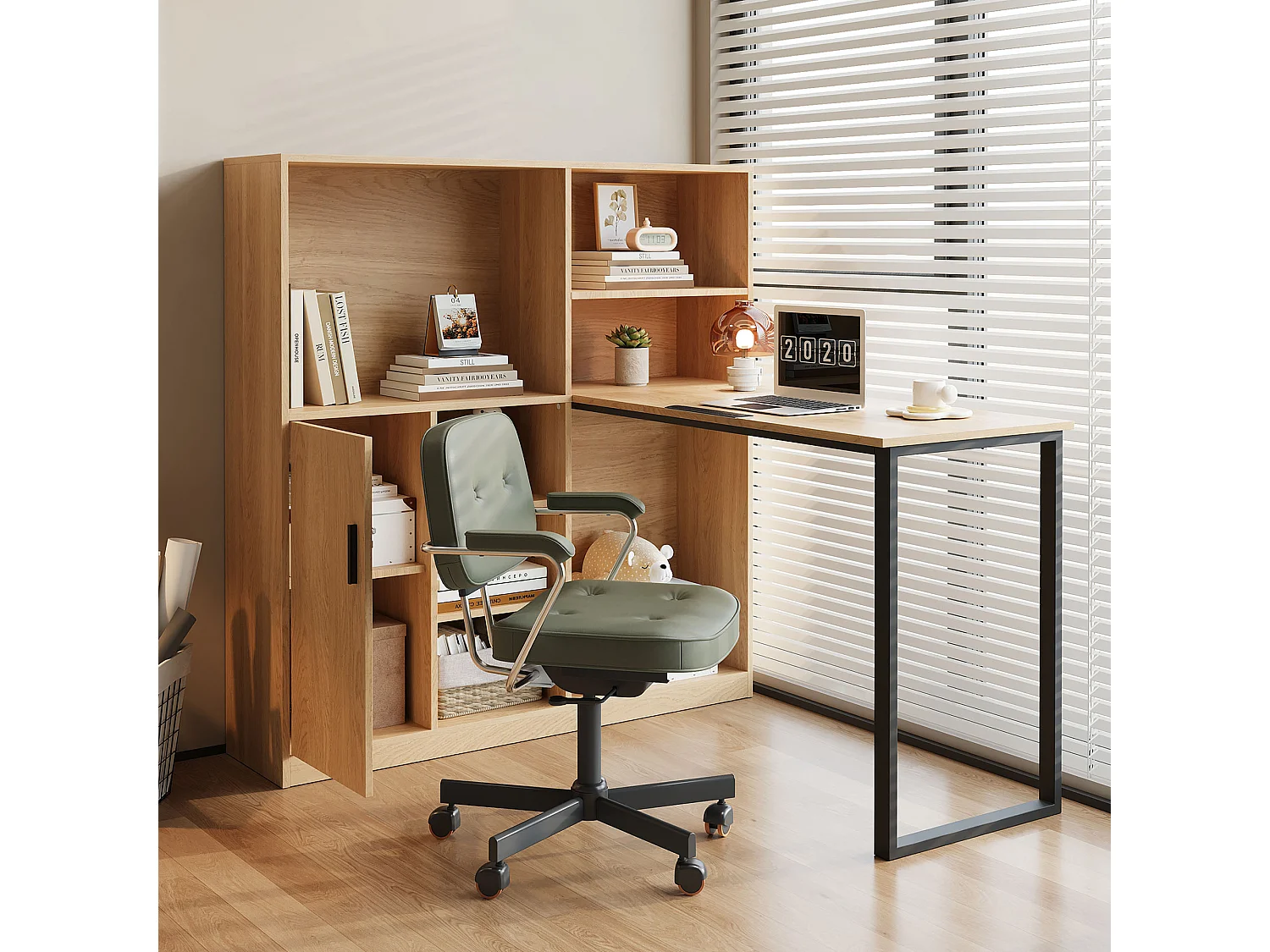 Bureau met opbergruimte en planken, modern design, MDF, naturel (120x50x120 cm)