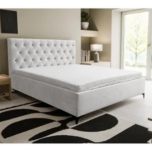 Chesterfield-bed met hoofdeinde, 140 x 200 cm, tweepersoonsbed met bedbak en lattenbodem van metaal, veloursstof, kleur: lichtgrijs