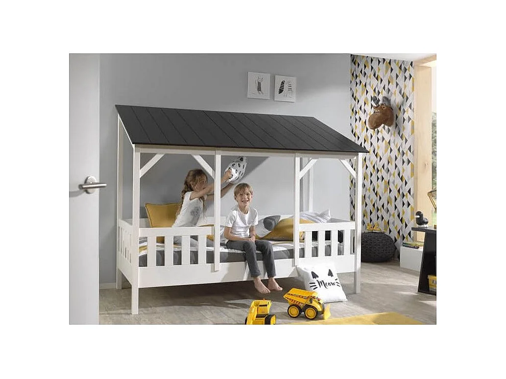Cabinebed 90x200 cm massief grenen wit zwart dak Mila